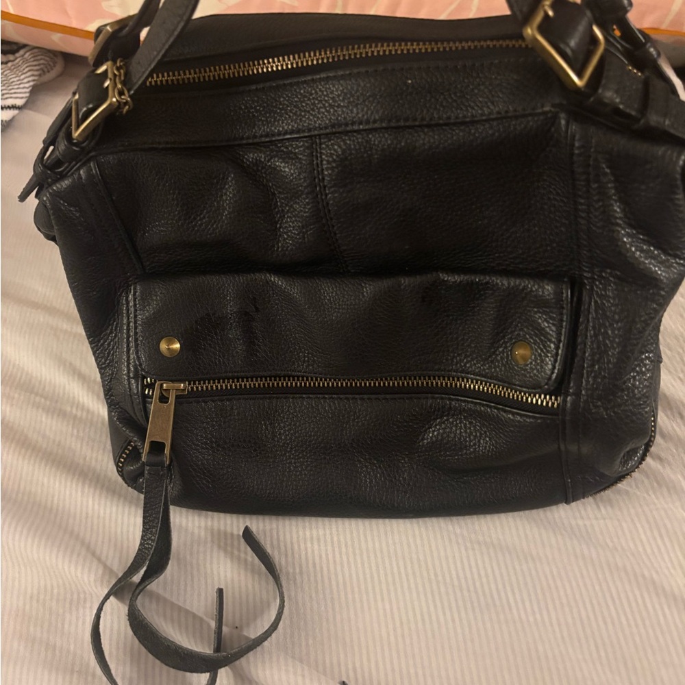 Chic Black Leather Shoulder Bag with strap - measurements added to pictures.